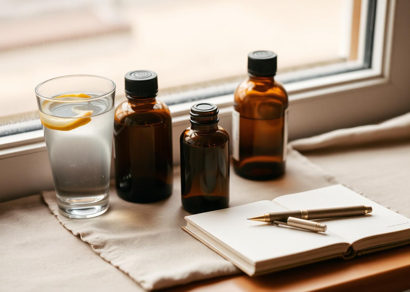 Amber supplement bottles, a glass of lemon water, and an open notebook on a linen cloth